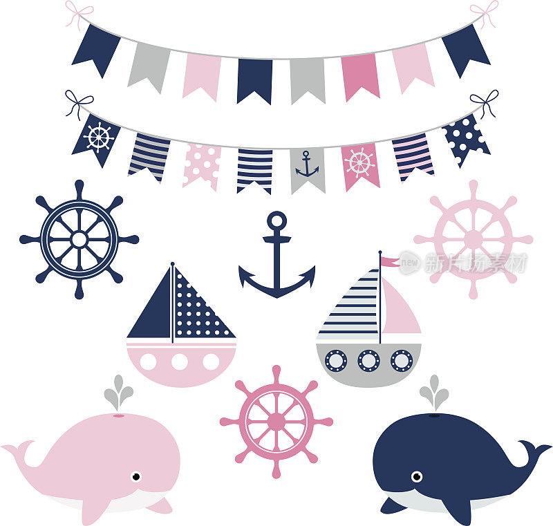 矢量帆船set - whale, anchor, wheel, boats and buntings